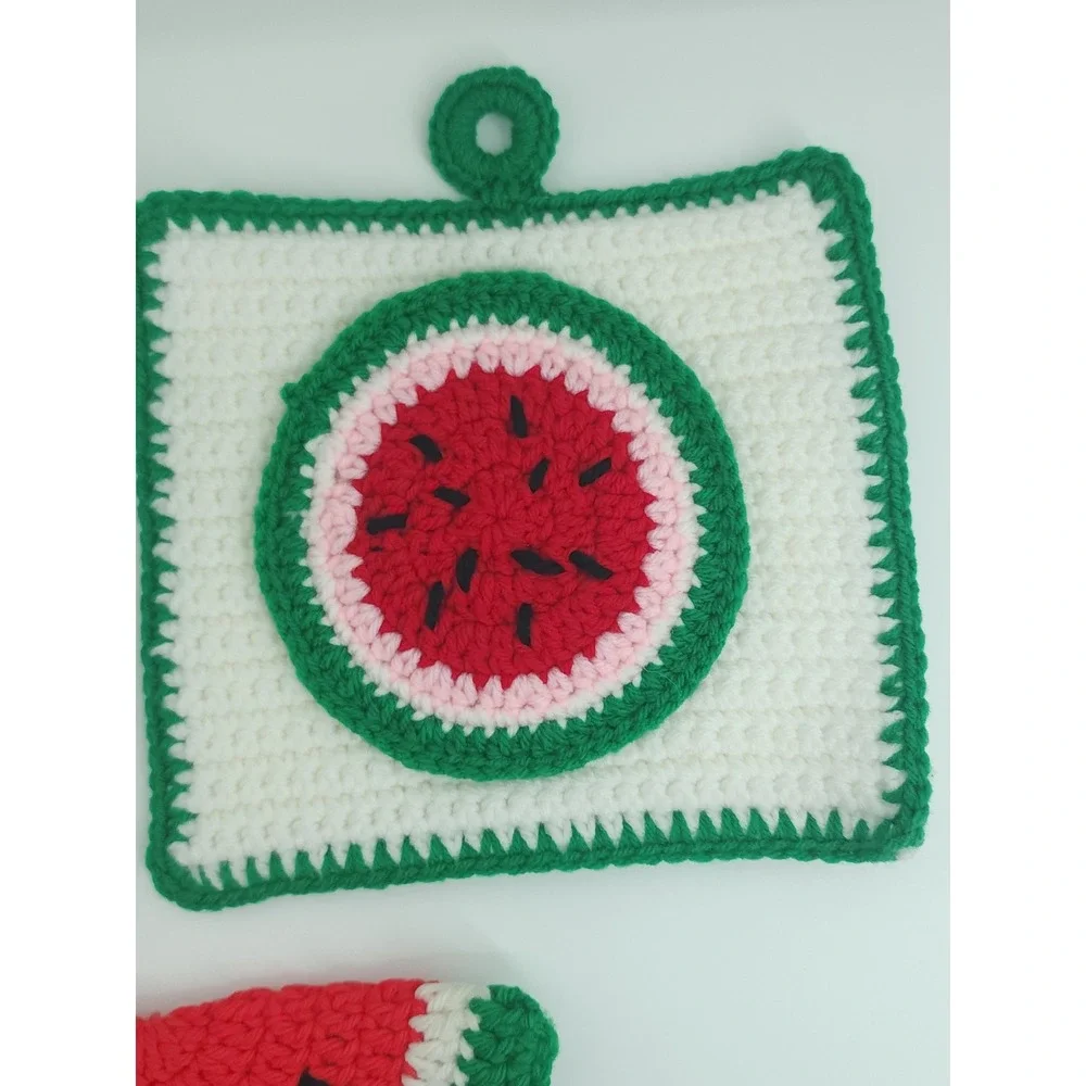 Handmade VTG Crochet Watermelon Potholder Set 3PC KITSCH RetroKitchen Decor Gift